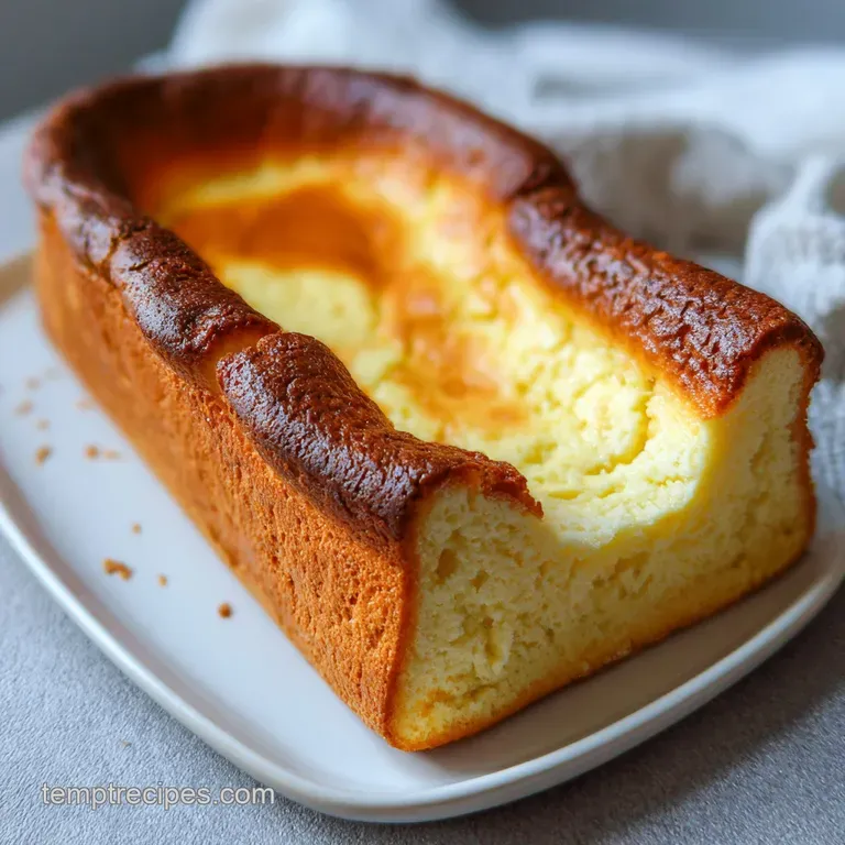 A slice of burnt cheesecake, golden brown, revealing a smooth, pale interior, on a dark plate.