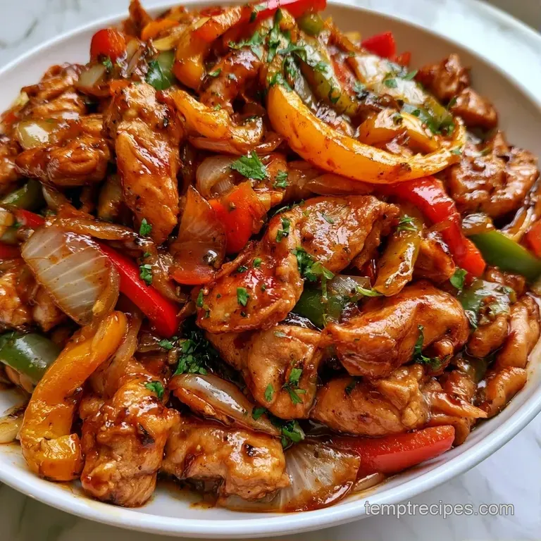Colorful strips of saut&eacute;ed peppers and onions piled high on a white ceramic plate with a garnish of sesame seeds.