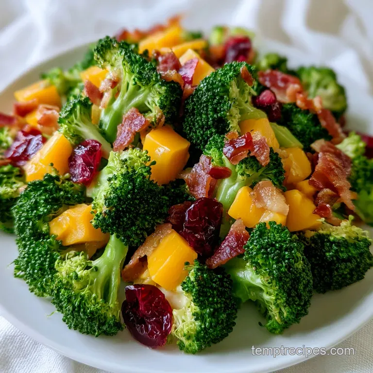 Bright green broccoli tossed with crispy bacon and red onion, served in a modern bowl on a bright linen surface.