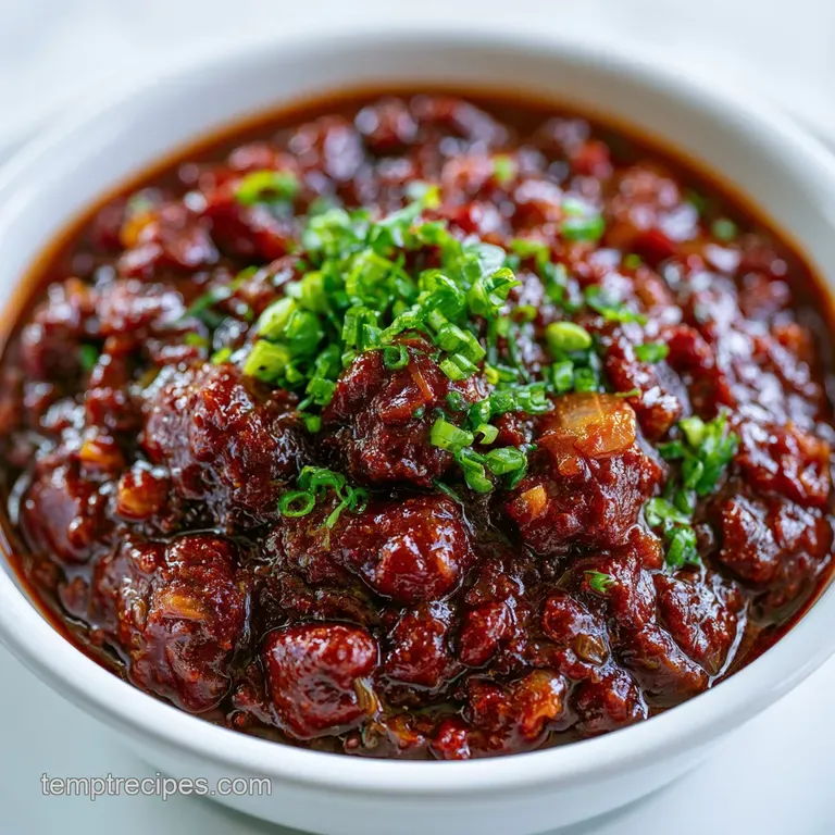 A ceramic bowl of thick red stew topped with a dollop of white sour cream and shredded cheddar on a dark wooden table.