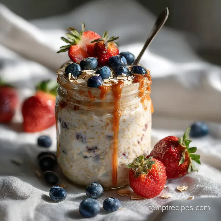 Layered overnight oats in a clear glass, showcasing vibrant fruit and seeds. Cool condensation hints at a refreshing break...