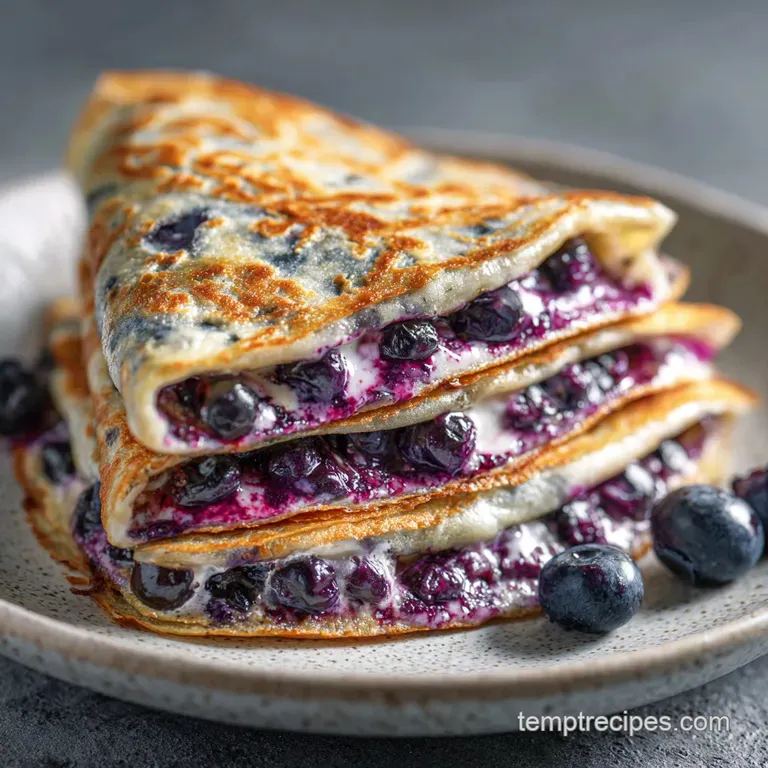 Quesadilla halves plated elegantly, powdered sugar dusting vibrant blueberries. Warm steam rises, inviting you to take a b...