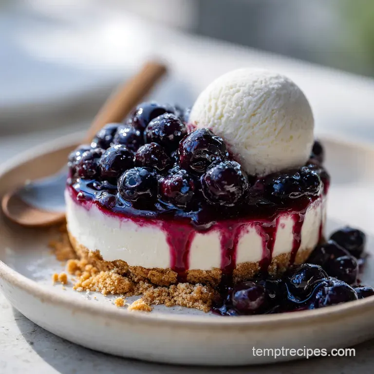 A scoop of creamy, light purple ice cream with burst blueberries sits atop a clear dessert plate. Light frosting of ice.