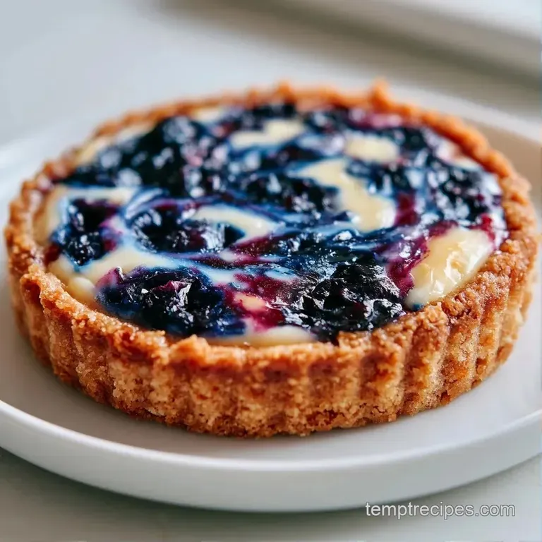 Neatly sliced dessert squares with purple swirls on a marble surface, garnished with fresh blueberries and sugar.