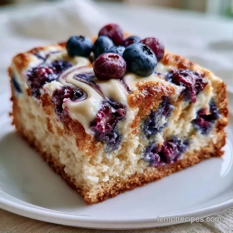 A slice of creamy cake with deep purple swirls on a white plate, garnished with fresh blueberries and a mint leaf.