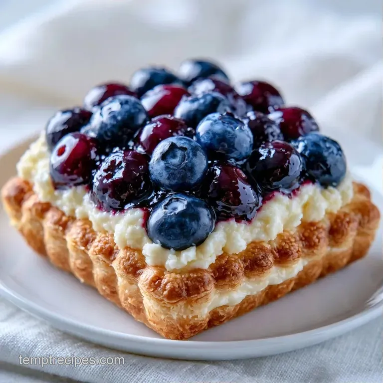 A flaky pastry with a creamy white center and bursting blueberries served on a white plate beside a cup of coffee