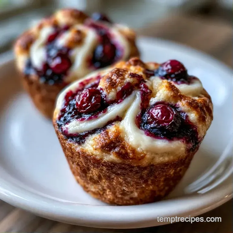 A single golden muffin on a white ceramic plate, topped with a swirl of cream cheese and a fresh blueberry.