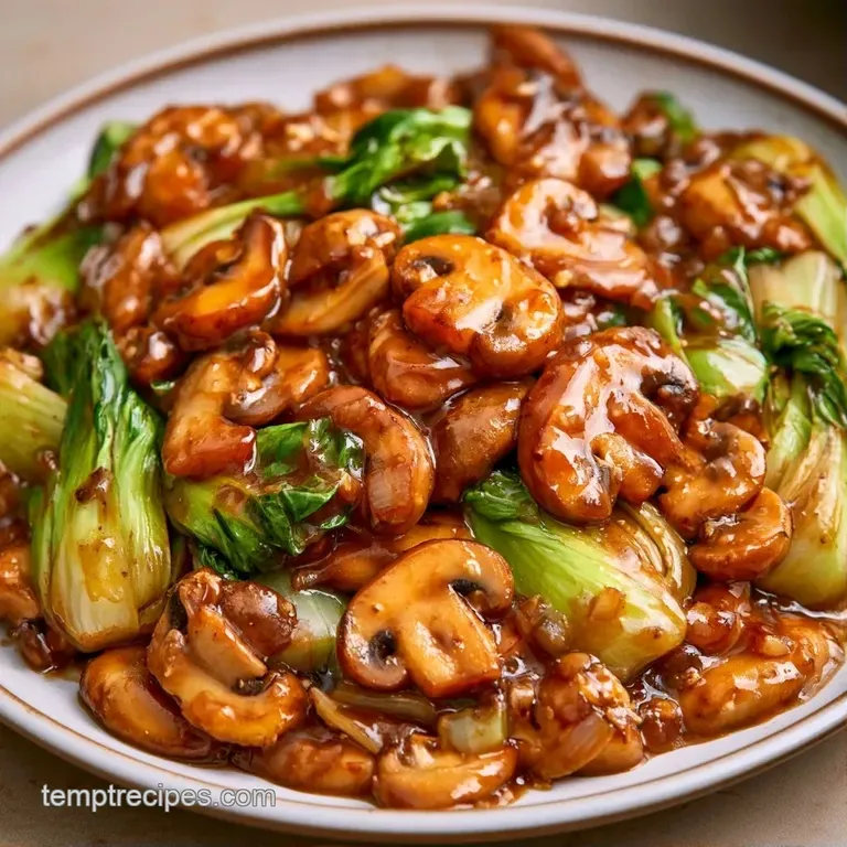 Neatly arranged saut&eacute;ed greens and earthy mushrooms on a white ceramic plate with a drizzle of savory sauce.