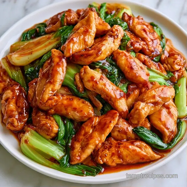 Tender chicken and crisp bok choy arranged neatly in a shallow white bowl, garnished with toasted sesame seeds.