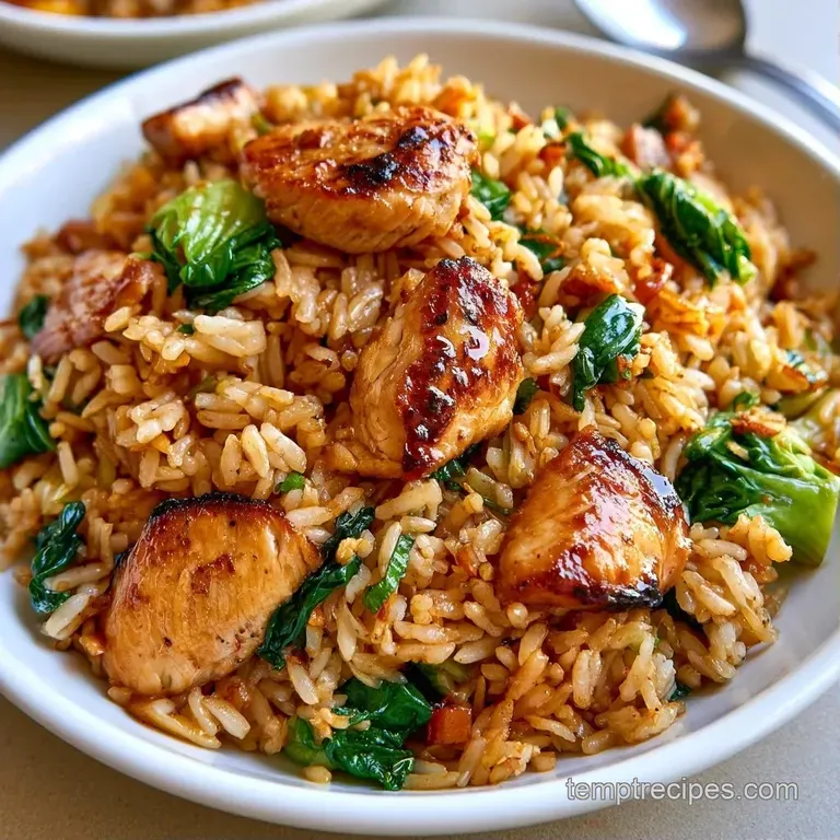 A modern white bowl of savory fried rice topped with bright sliced scallions and a sprinkle of toasted sesame seeds.