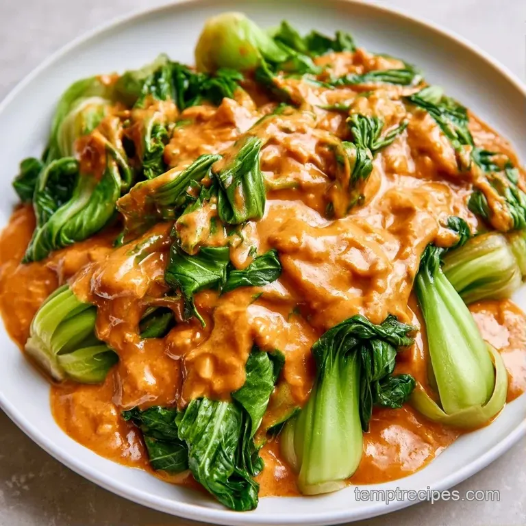 Tender saut&eacute;ed greens arranged neatly on a white plate, drizzled with thick tan sauce and toasted sesame seeds.