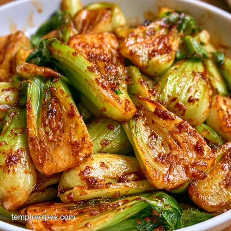Vibrant green bok choy stalks arranged neatly in a shallow bowl, drizzled with a shimmering soy sauce glaze.