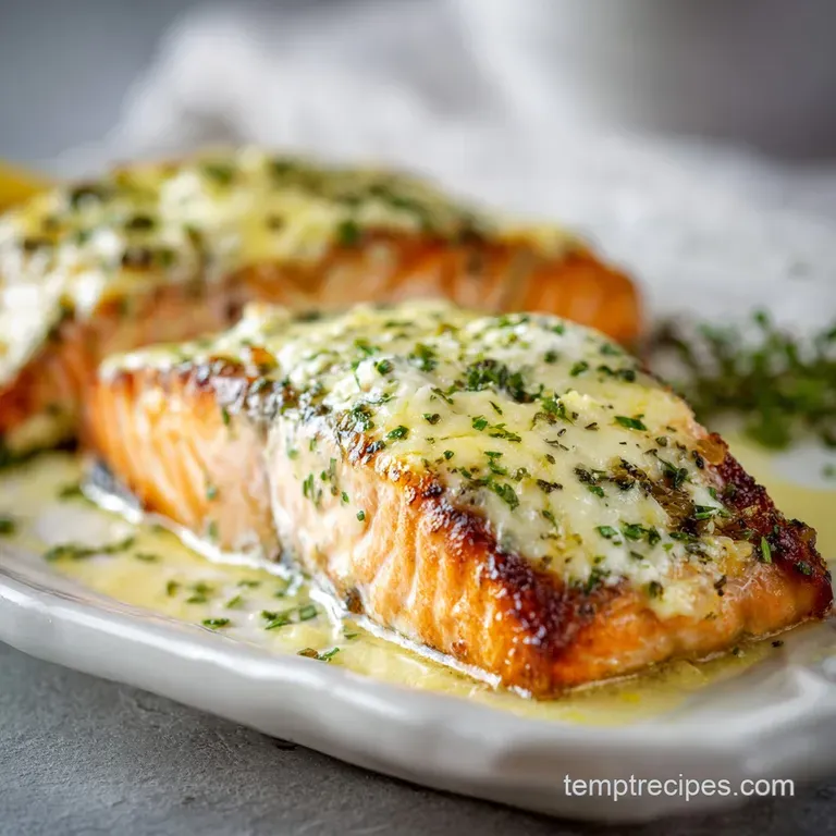 A perfectly baked salmon fillet, glistening with creamy Boursin, rests atop a bed of fluffy rice.
