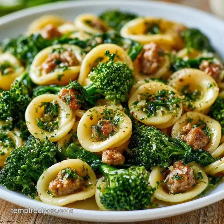 A white ceramic bowl filled with golden pasta, charred sausage crumbles, and vibrant green rabe topped with parmesan.