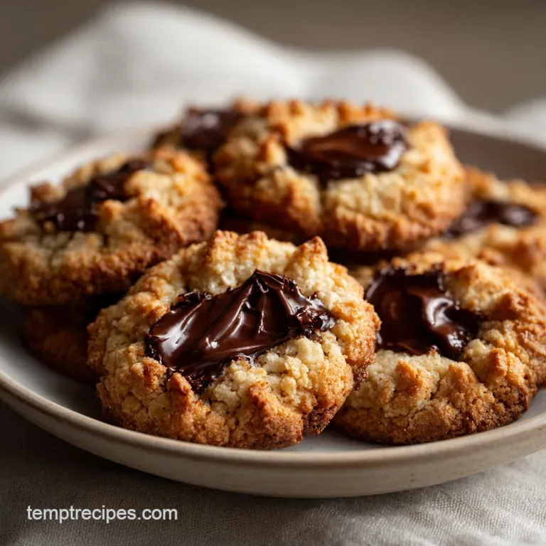 A stack of warm, golden-brown cookies on a white marble platter beside a linen napkin and a rustic wooden fork.