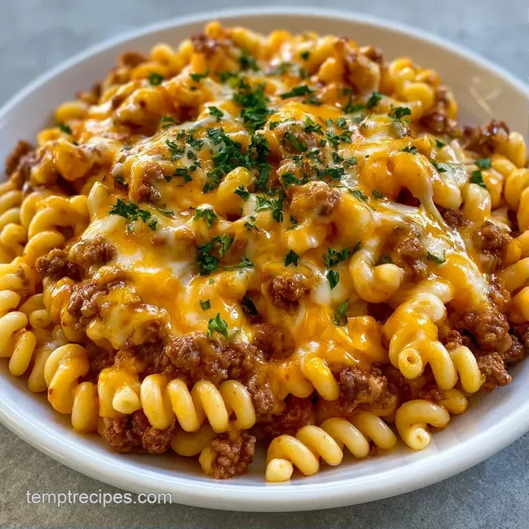 A swirl of cheesy pasta topped with savory beef crumbles in a white ceramic bowl with a side of toasted garlic bread.