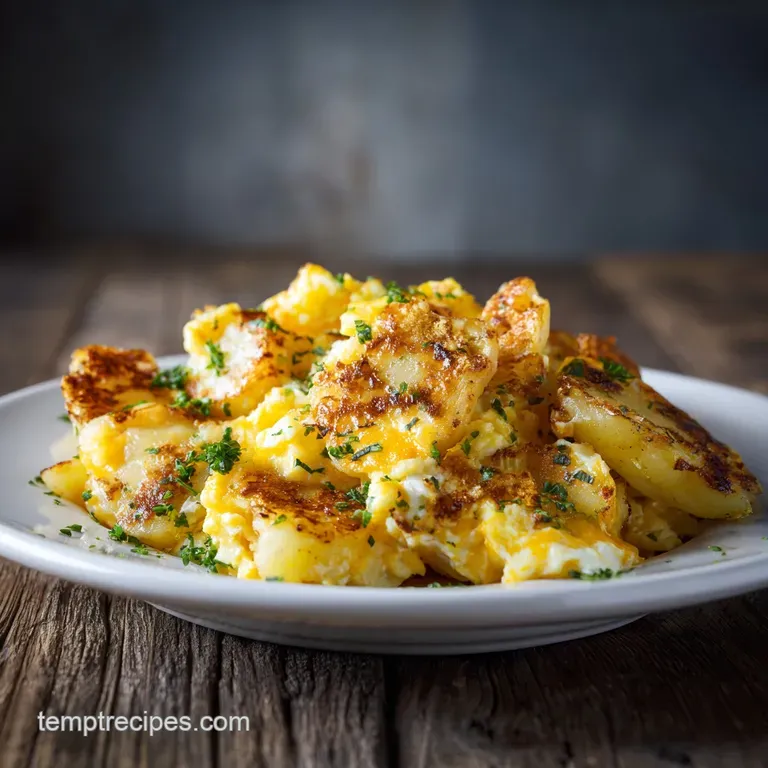 Plated scramble with fluffy eggs, savory potatoes, and melted cheese, garnished with fresh herbs and a side of toasted bread.