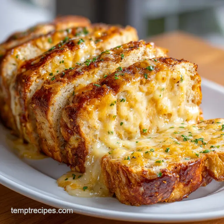Two thick slices of savory meatloaf on a white plate, revealing a gooey cheese core and garnished with fresh parsley.