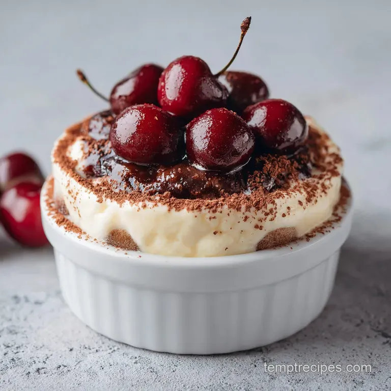 Elegant slice of cherry amaretto tiramisu with a dusting of cocoa, garnished with fresh cherries on a white plate. Decaden...