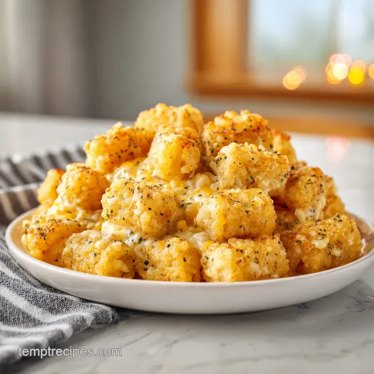 A comforting scoop of chicken Alfredo tater tot casserole, drizzled with silky garlic sauce, on a rustic plate.