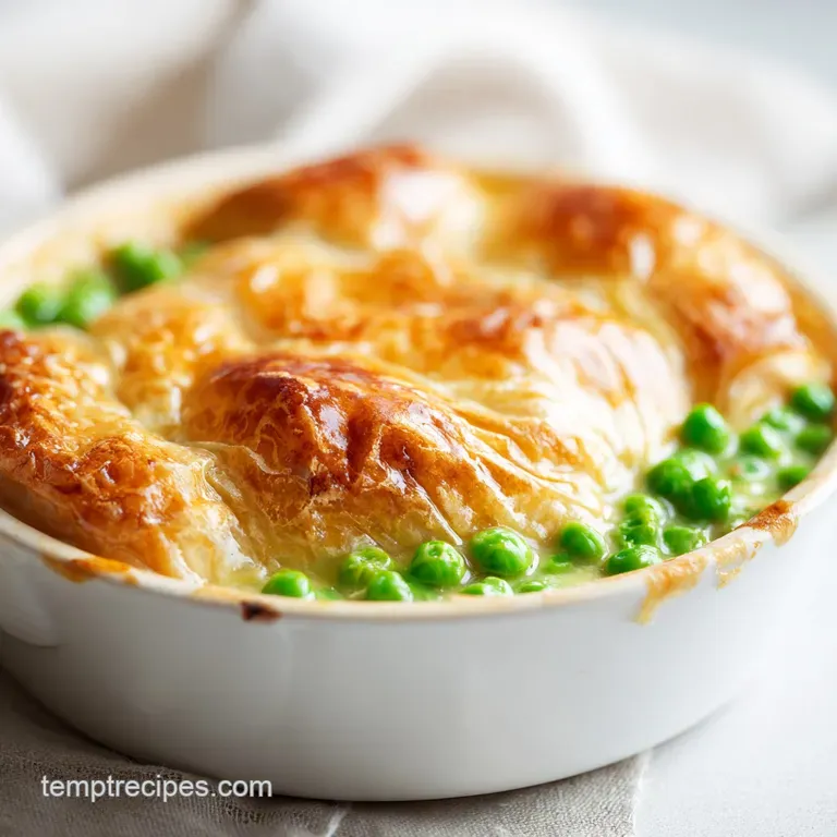 A slice of savory pie with a buttery crust served on a white ceramic plate beside a fresh sprig of parsley