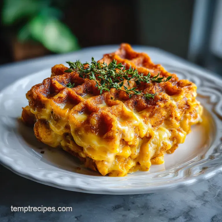 A single serving of waffle casserole with herbs, showcasing crispy waffle edges and a rich, cheesy sauce glistening in the...