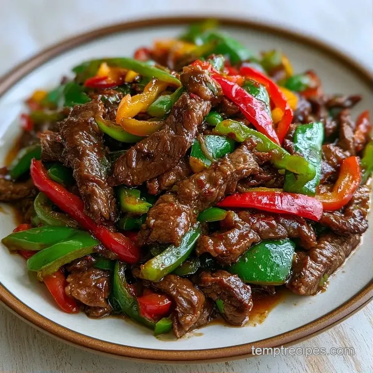 Sliced seared beef and vibrant tri-color peppers plated elegantly on white porcelain with fresh green onion garnish.