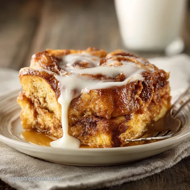Stack of warm cinnamon roll French toast halves, powdered sugar dusting, pools of icing on white plate, fork rests alongside.