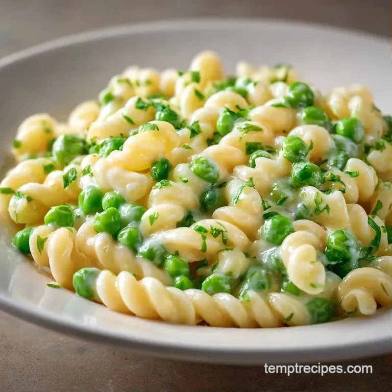 A shallow ceramic bowl of creamy pasta and peas, garnished with a sprinkle of parmesan and fresh parsley leaves.