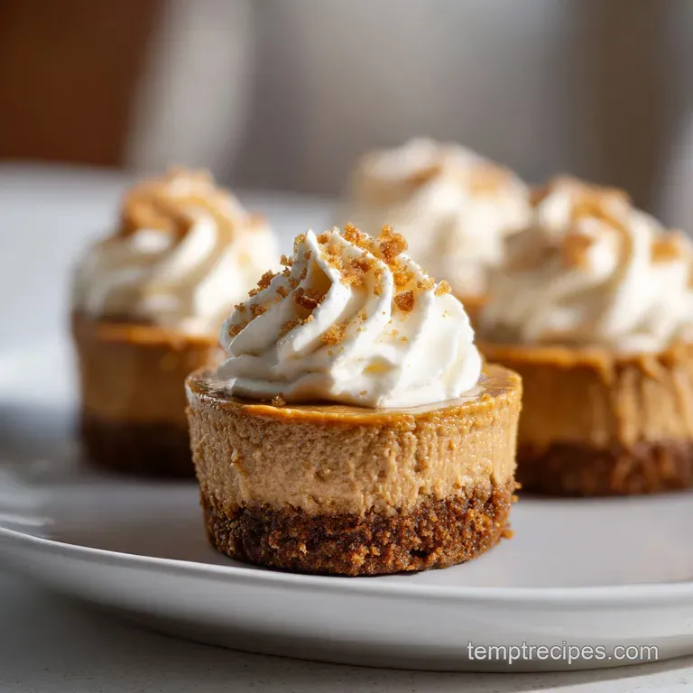 Individual cheesecake cup drizzled with melted cookie butter, adorned with a delicate cookie crumb topping on a dessert pl...