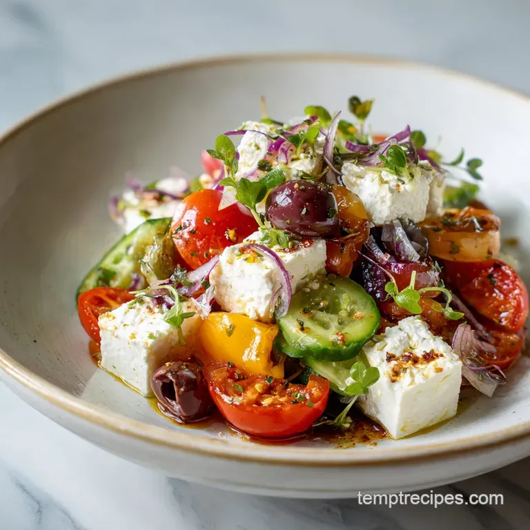 Plated Greek salad: chunky cottage cheese nestled amongst colorful vegetables, drizzled with olive oil and sprinkled with ...