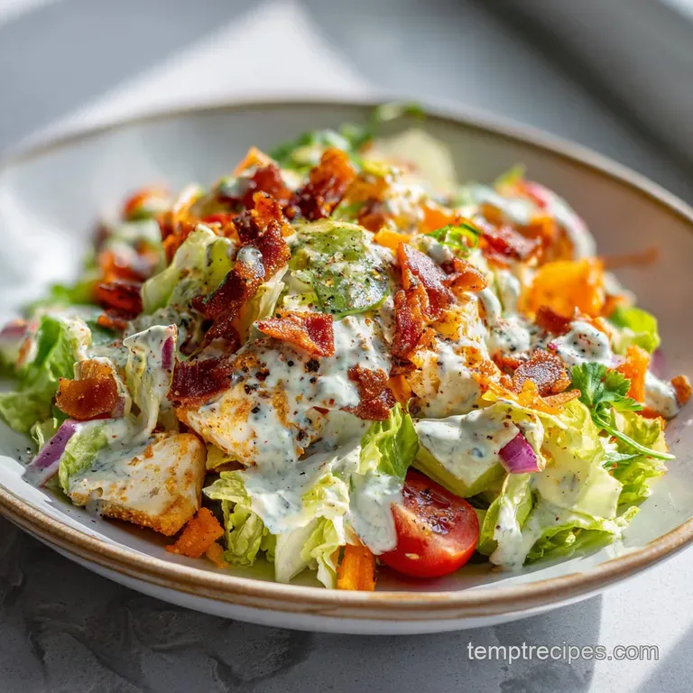A perfectly composed salad: crisp greens, juicy tomatoes, protein and creamy dressing artfully arranged on a white plate.