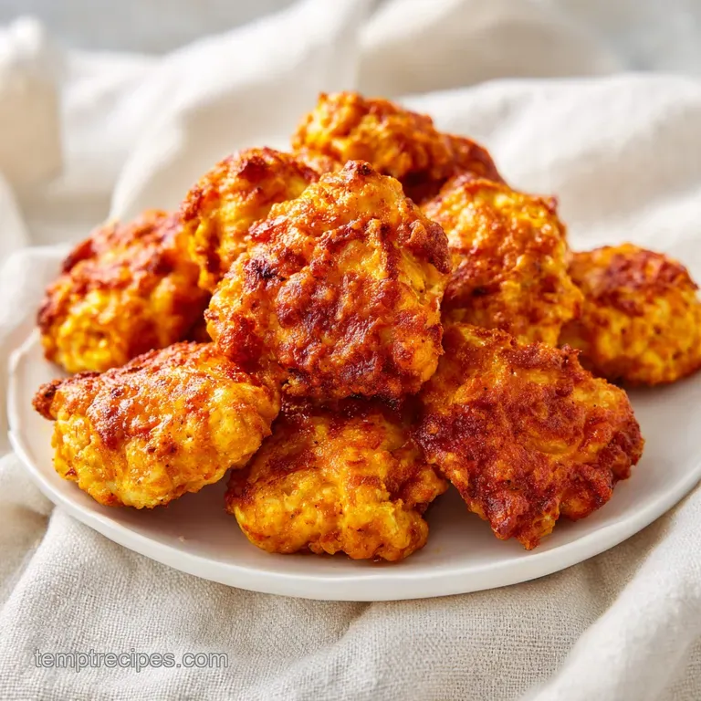 Tender chicken bites artfully arranged on a rustic plate, drizzled with vibrant spiced sauce.