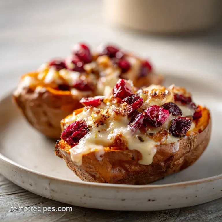 A single baked sweet potato half artfully arranged, showcasing its fluffy interior and ruby-red cranberry topping.