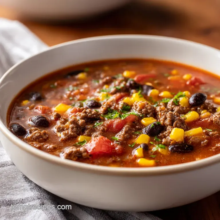 A steaming bowl of rich beef and vegetable soup, topped with fresh green herbs, artfully plated.
