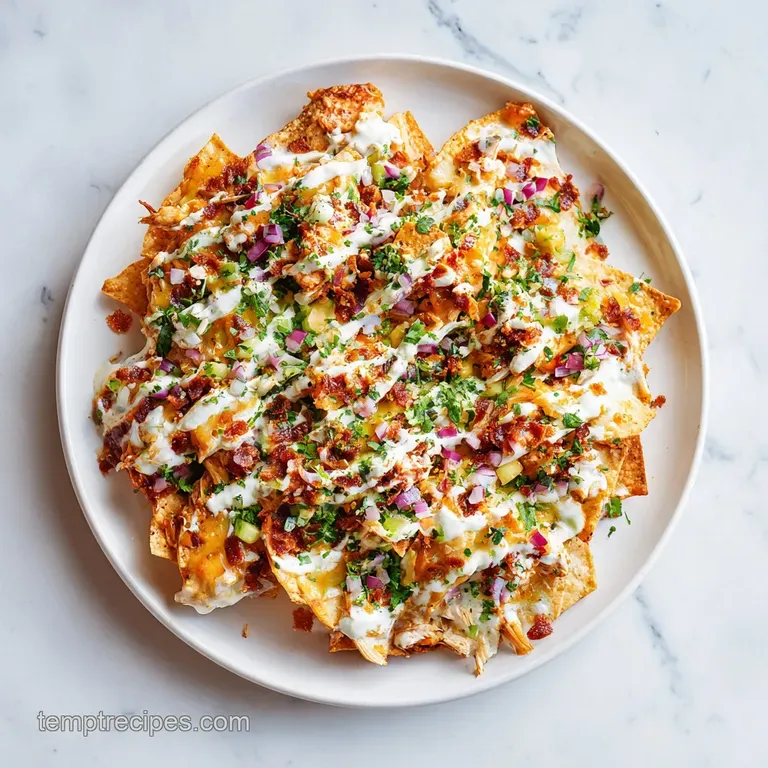 An artfully arranged plate of nachos featuring colorful toppings and a drizzle of creamy sauce.