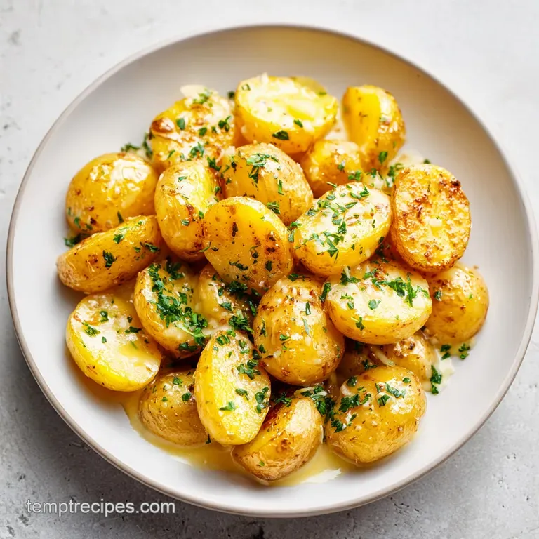 Small, crispy gold potatoes nestled in a white ceramic bowl, drizzled with a rich cream sauce and cracked black pepper.