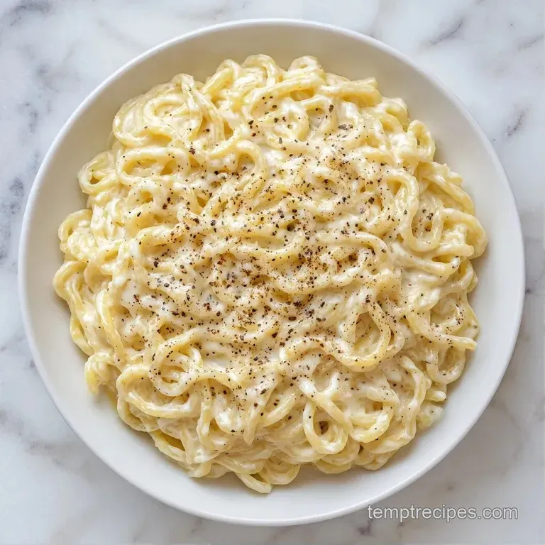 Swirls of pale ivory pasta on a white ceramic plate, topped with fresh herbs and a dusting of grated parmesan.
