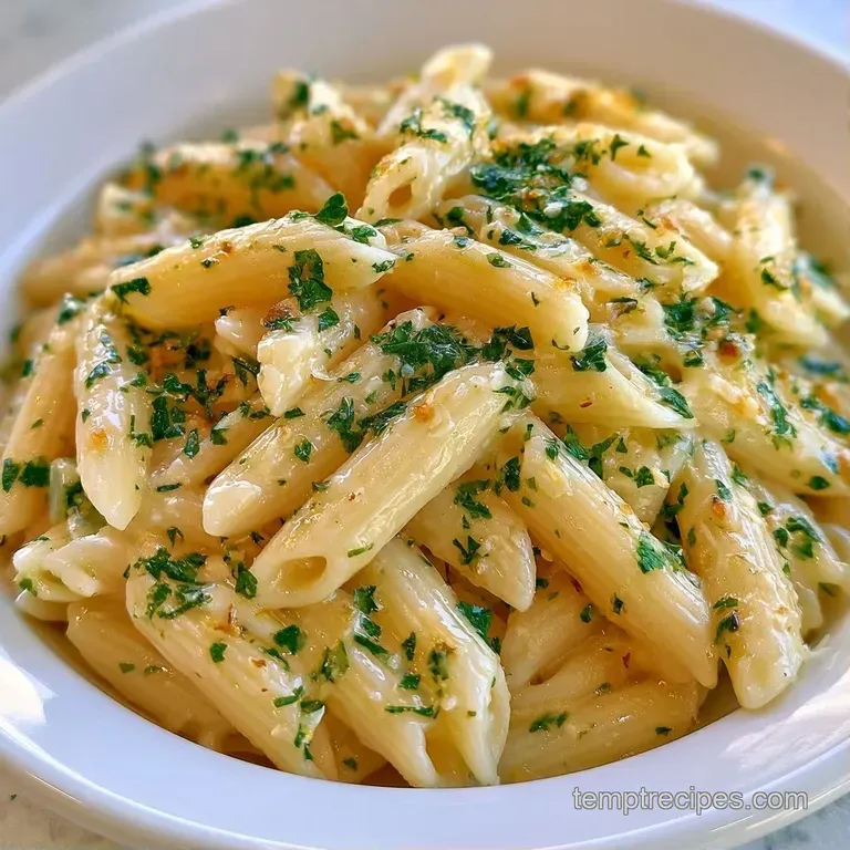 Al dente penne in a rich garlic cream sauce served in a white ceramic bowl with a sprinkle of fresh green herbs.