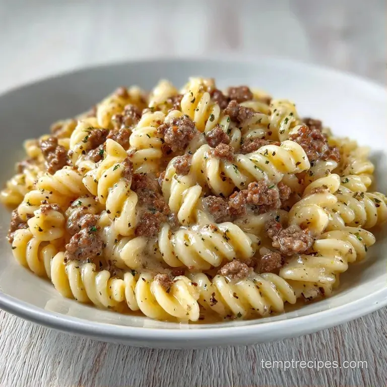 Polished white bowl of creamy pasta and savory beef, garnished with grated cheese and bright green herbs on a table.