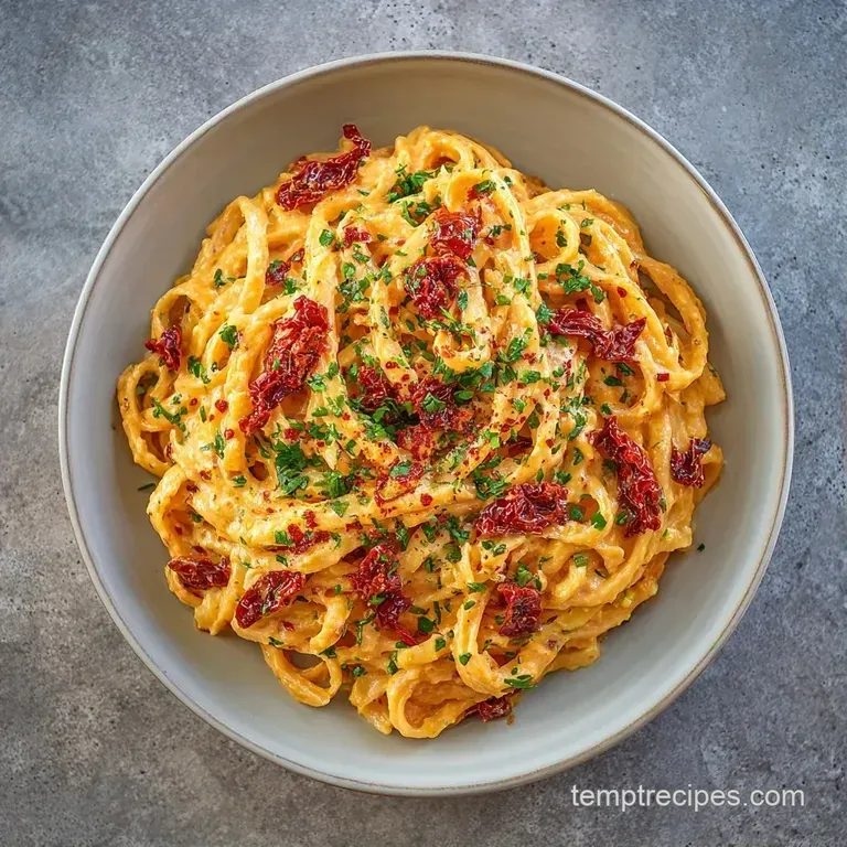 Al dente pasta swirled in a velvet orange sauce, served in a white bowl with fresh herbs and black pepper.