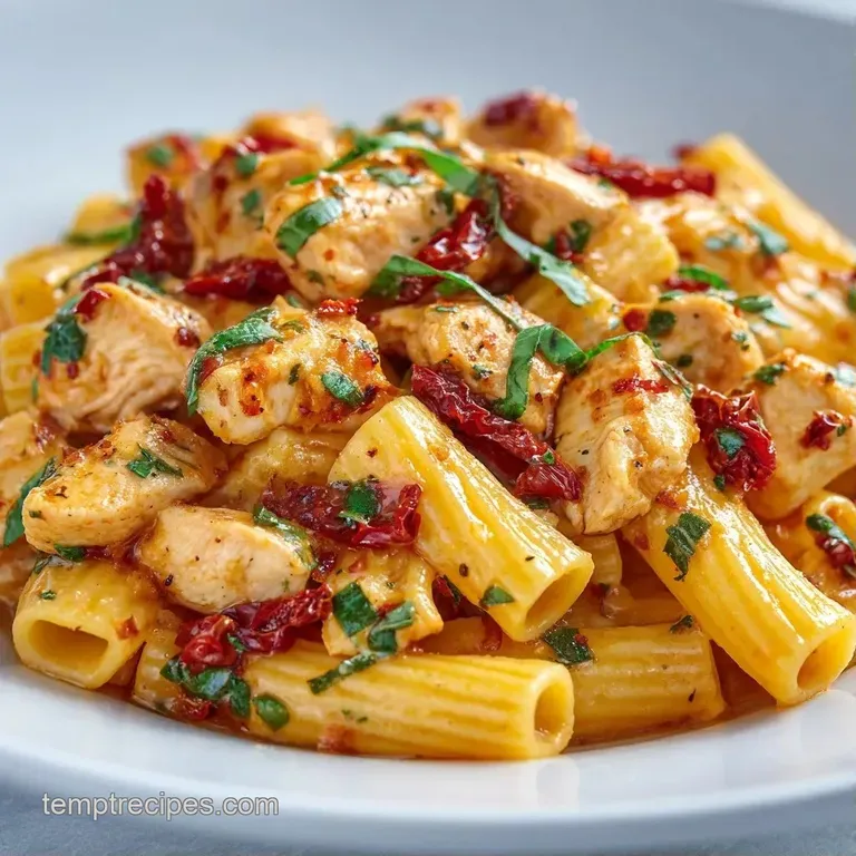 Swirls of pasta topped with seared chicken and crimson tomatoes in a white bowl, dusted with grated parmesan.