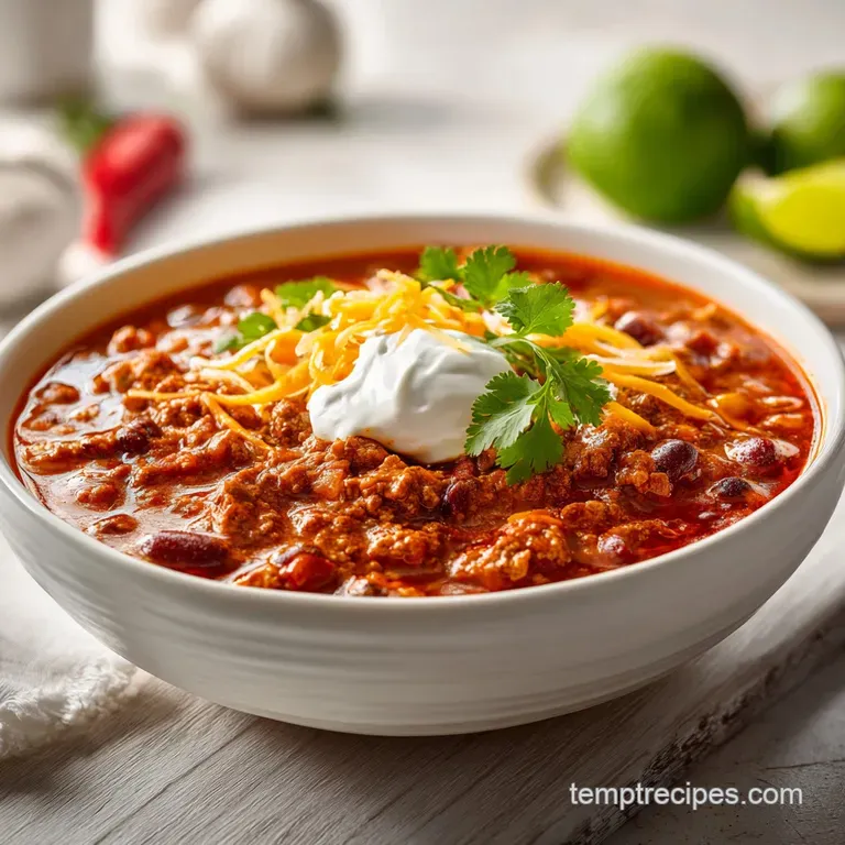 A rustic bowl of chunky, orange chili garnished with a dollop of sour cream and chopped chives.