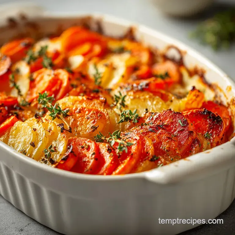 A steaming, individual portion of the baked vegetable casserole, garnished with fresh thyme sprigs.