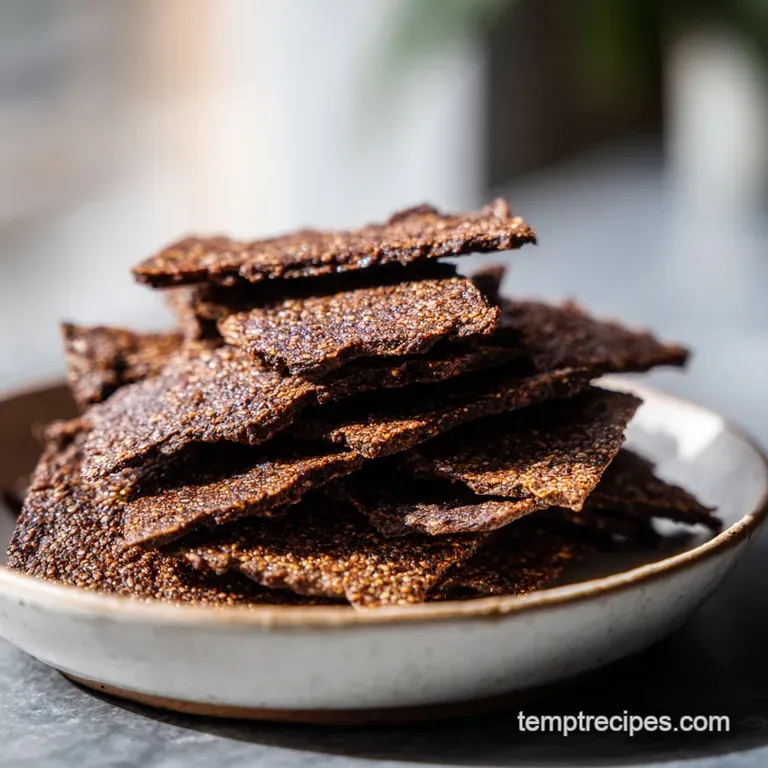 A scattering of glossy, dark chocolate quinoa crisps arranged artfully on a rustic wooden board.