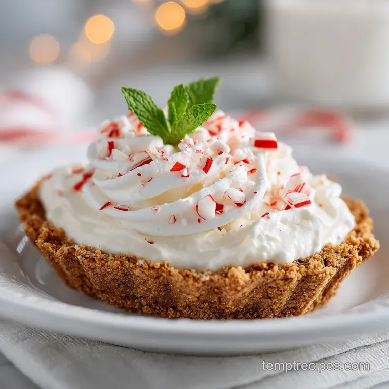 A pristine slice of peppermint pie with a rich chocolate base, artfully drizzled with cream.