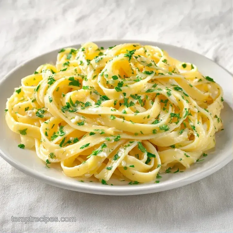 Elegant swirl of pasta coated in rich white cream sauce, garnished with parmesan and herbs on a dark plate.