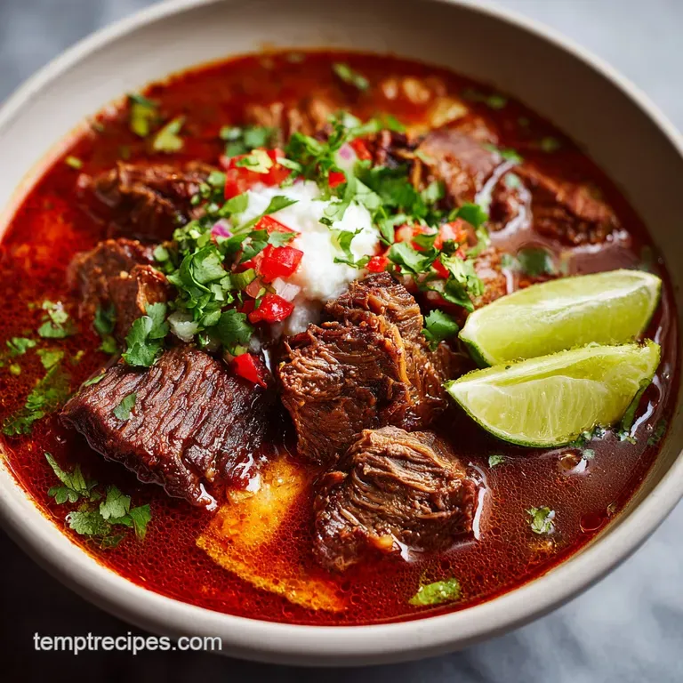 Deep red, saucy birria with tender beef plated in a white bowl, garnished with fresh cilantro sprigs and chopped onion.