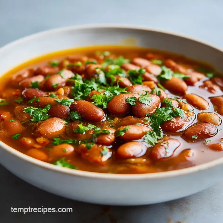 A rustic bowl filled with rich, earthy pinto bean soup, garnished with bright cilantro and a drizzle of crema, inviting th...