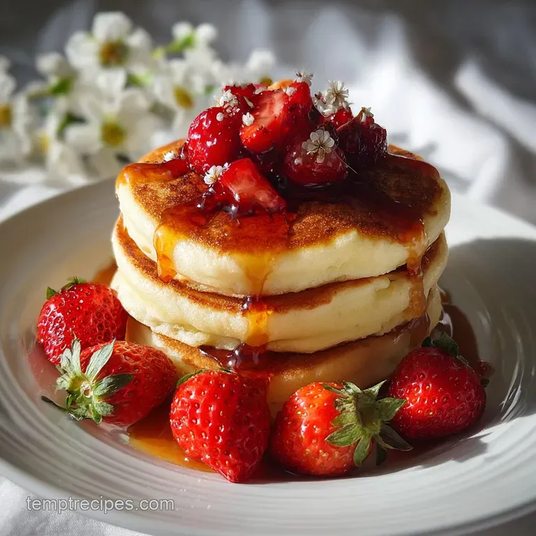 Fluffy pancakes dusted with powdered sugar and topped with fresh mixed berries, a sprig of mint, and a drizzle of syrup.